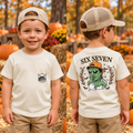 Six Seven Frankenstein shirt front and back at a pumpkin patch