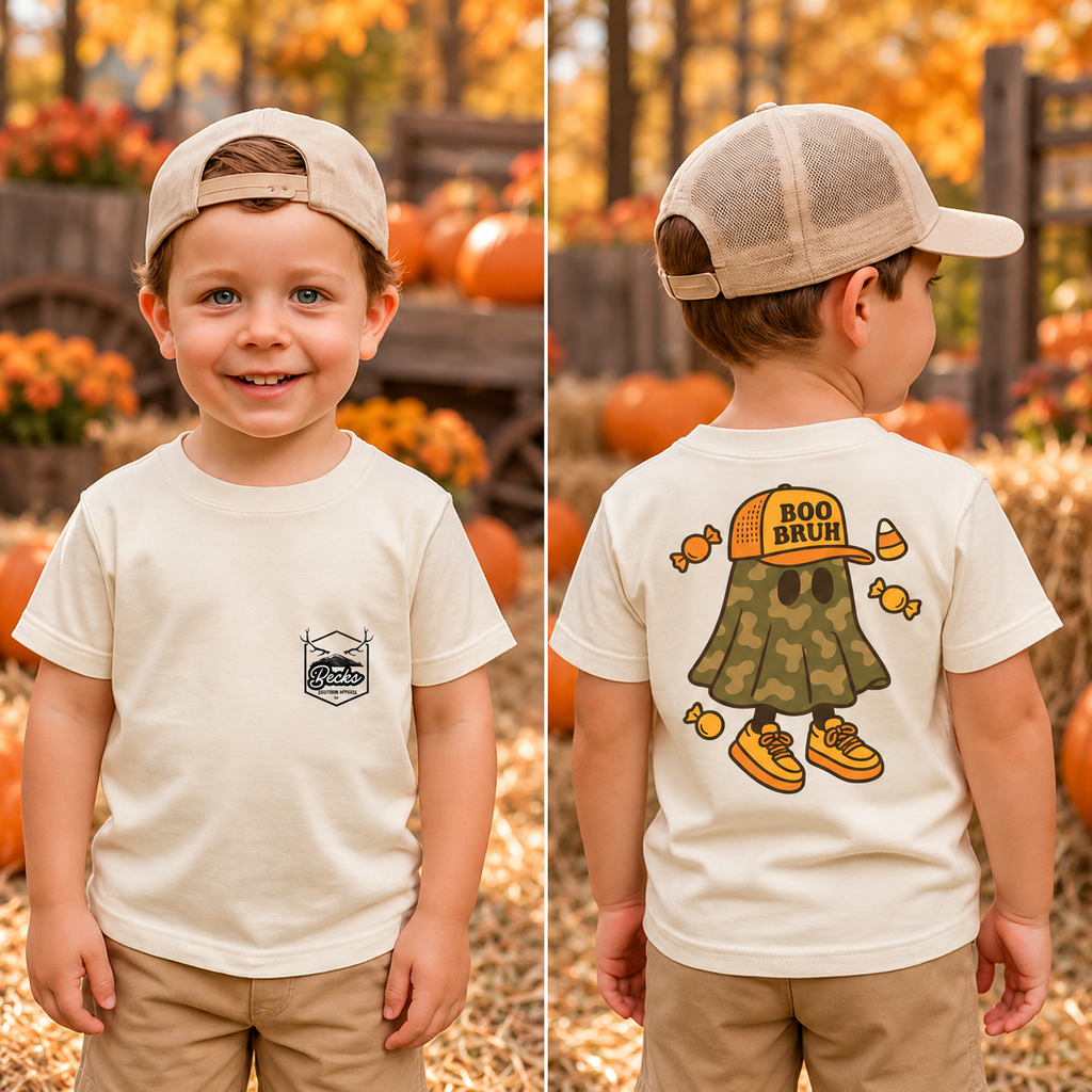 Boo Camo Ghost shirt front and back at a pumpkin patch