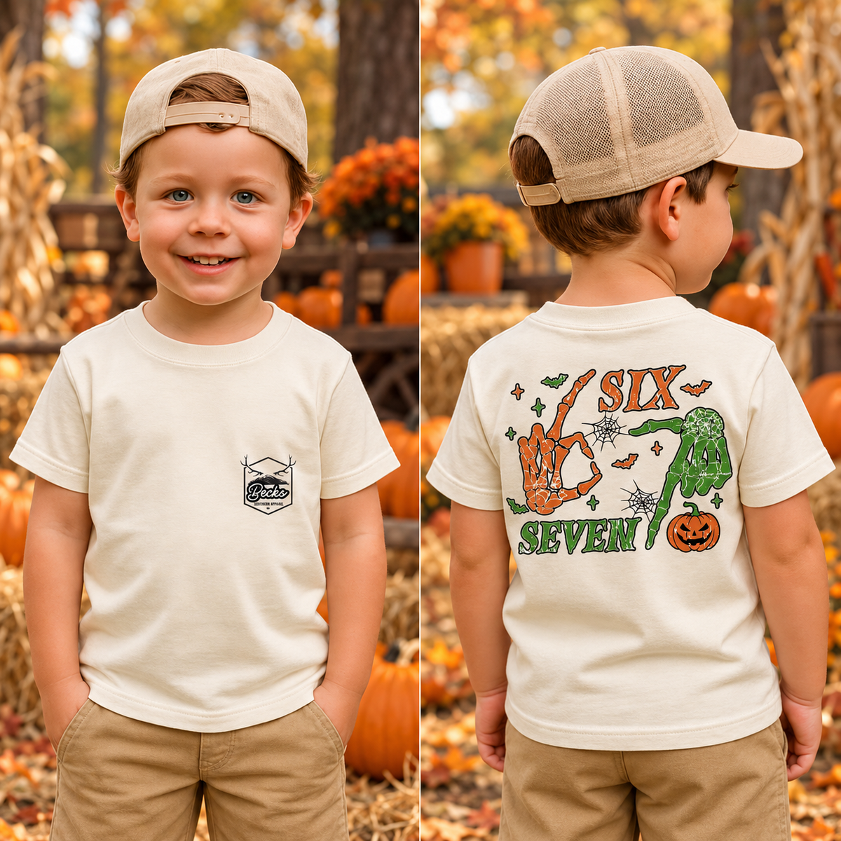 Six Seven Skeleton Hands shirt front and back at a pumpkin patch