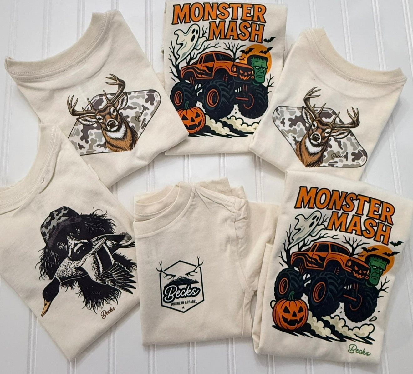 Becks Southern Apparel printed tees flat-lay